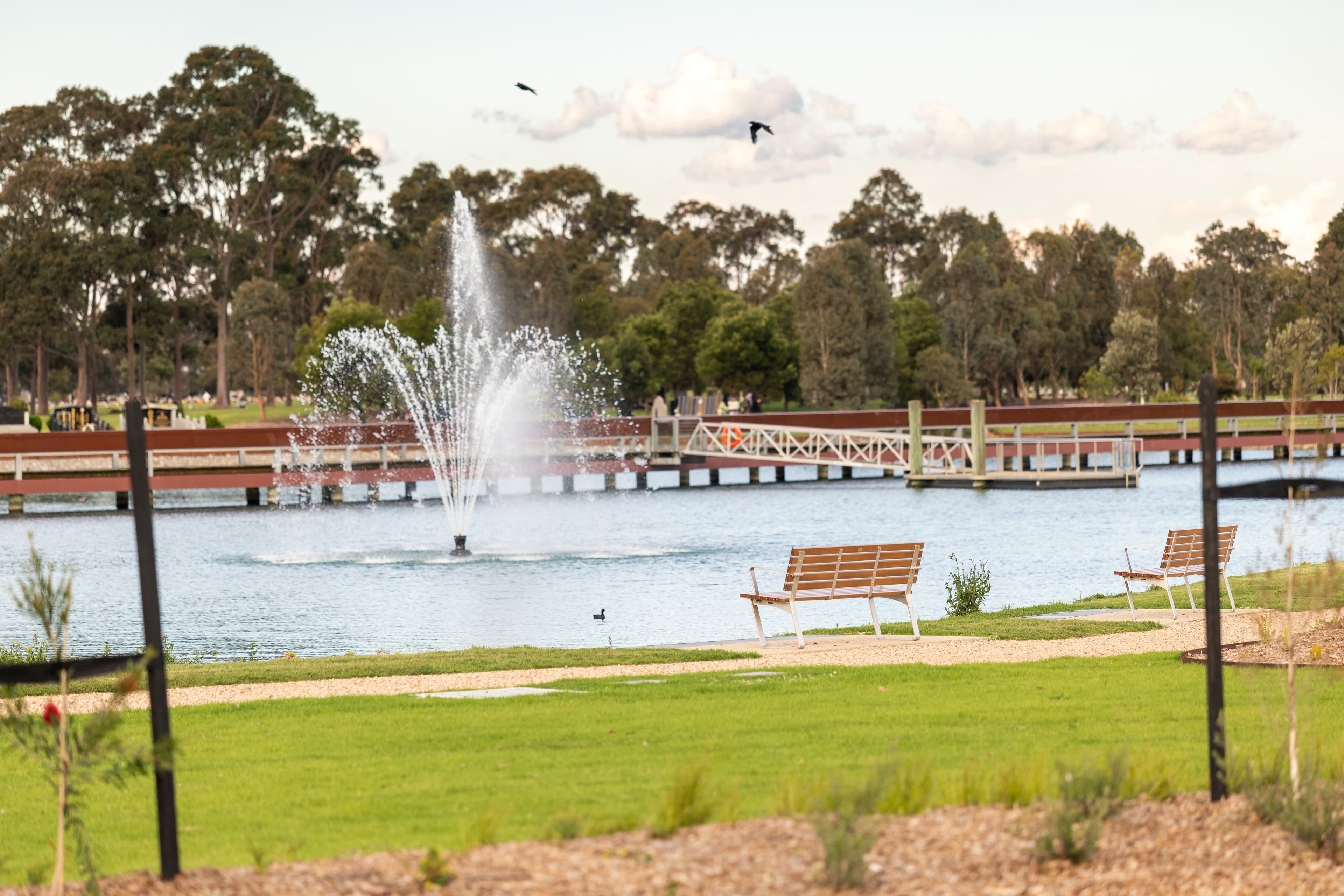 Bench seat looking towards a fountain within a lake