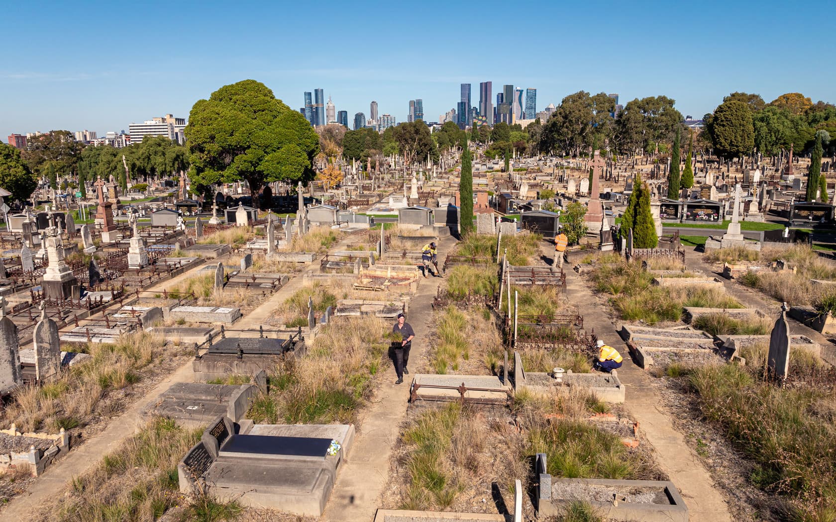 Aerial view of Melbourne General Cemetery with the city skyline in the background