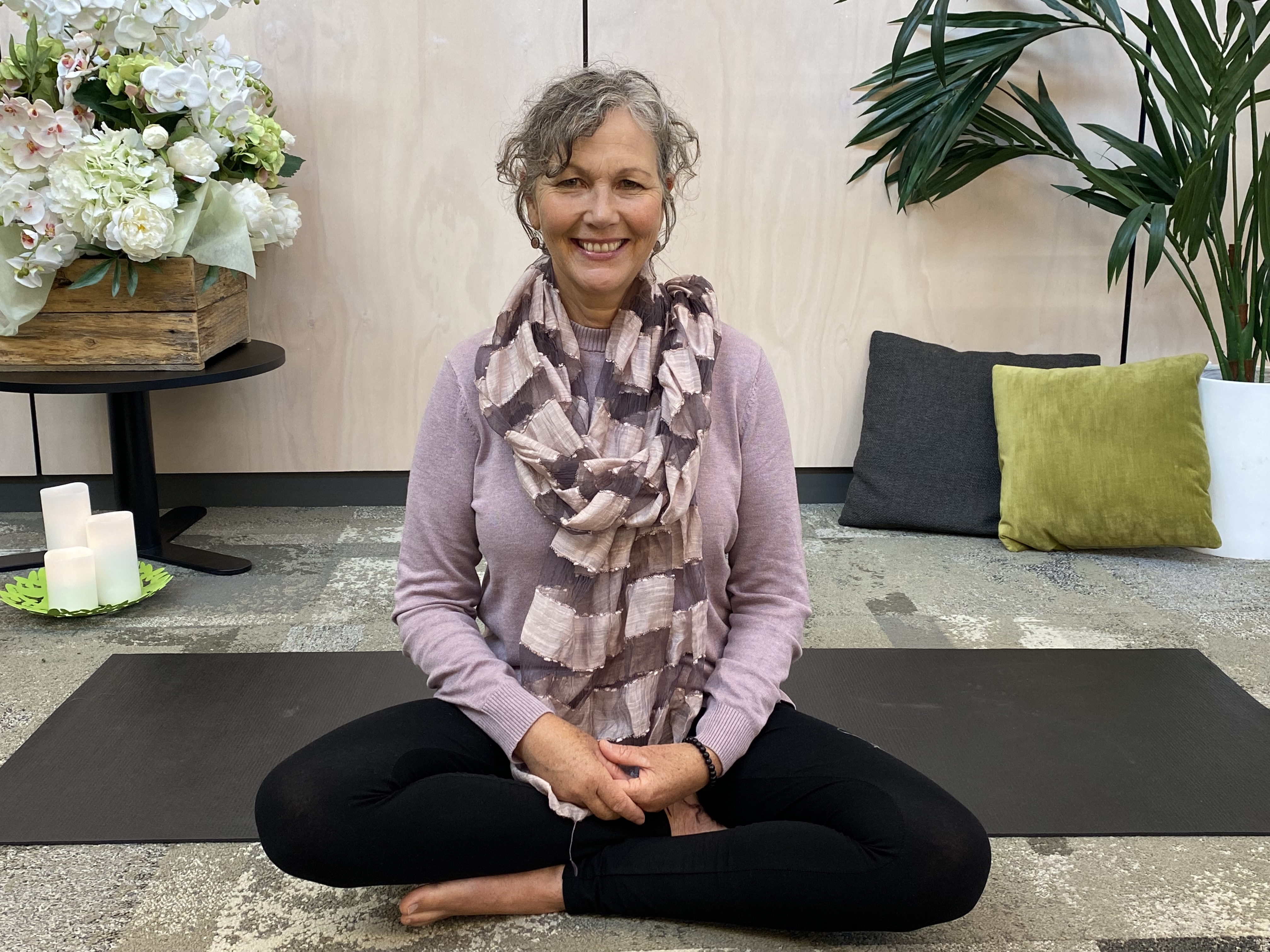 A photograph of yoga and mindfulness facilitator Carmel Arnold at the Centre for Care & Wellbeing