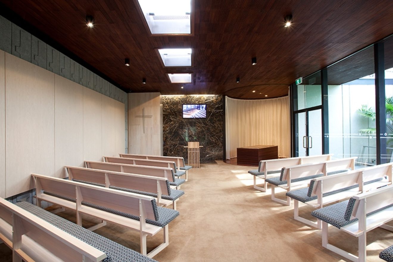 Chapel seating in Wilson Chapel at Springvale Botanical Cemetery